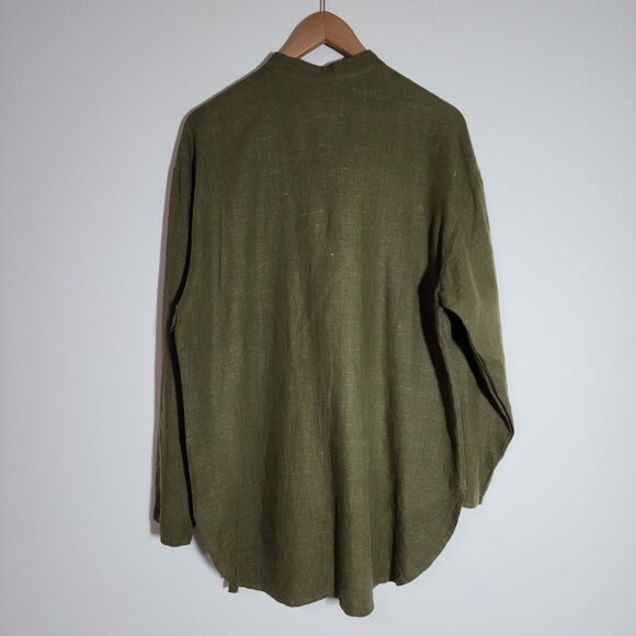 Flax by Jeanne Engelhart Mens Linen Shirt S Olive Green Roll Tab Sleeve Stand-Up - Picture 3 of 8